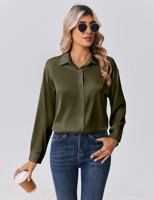Womens Tops Long Sleeve Satin Silk Button down Shirts Casual Business Dressy Blouses Fall Clothes
