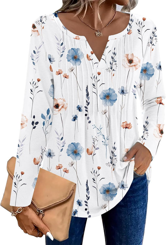 Womens Long Sleeve Tops 2025 V Neck Pleated Shirts Dressy Casual Tunic Blouses Loose Fit Fall Fashion Clothes