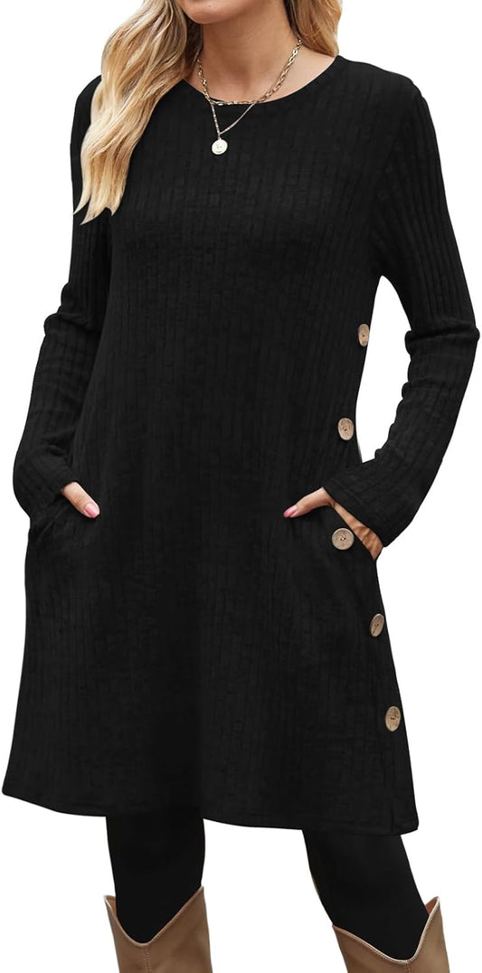 Fall and Winter Tunic Dress with Pockets Long Sleeve Crew Neck Buttons Side