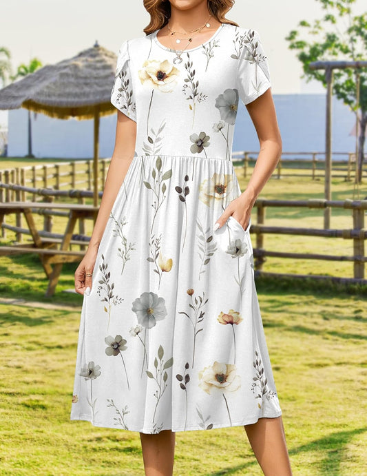 Women Summer Short Sleeve Midi Dress with Pockets Casual Aline Flowy Tshirt Dress Floral Vocation Beach Sundress