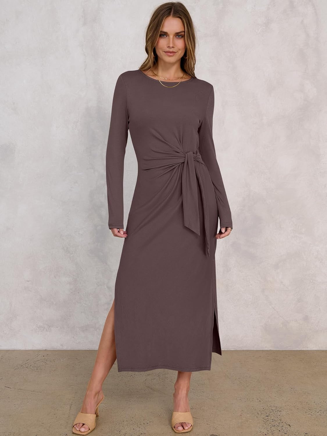 Womens 2025 Fall Long Sleeve Maxi Dress Crewneck Tie Waist Slit Casual Long T Shirt Dresses Winter Trendy Outfits