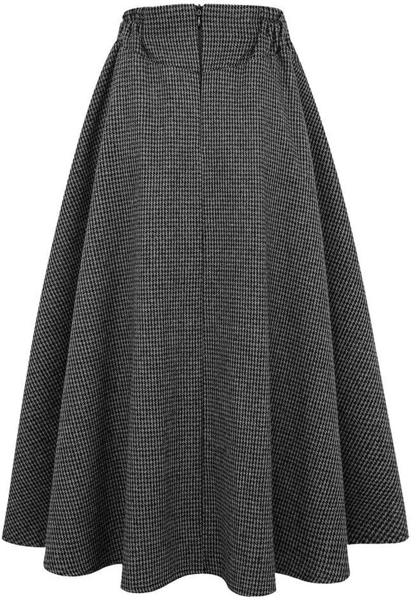 Women’S Fall Winter High Waisted Wool Plaid A-Line Long Skirt