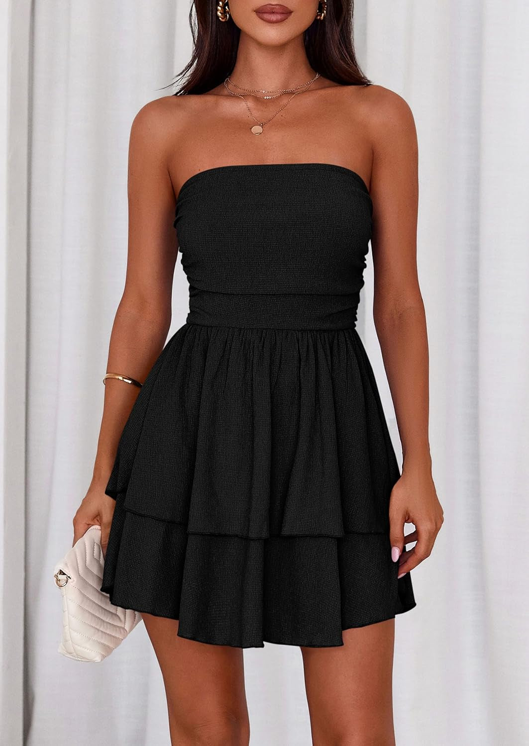 Women'S 2025 Summer Strapless Tube Mini Dress off Shoulder Smocked Ruffle a Line Flowy Short Party Club Dresses