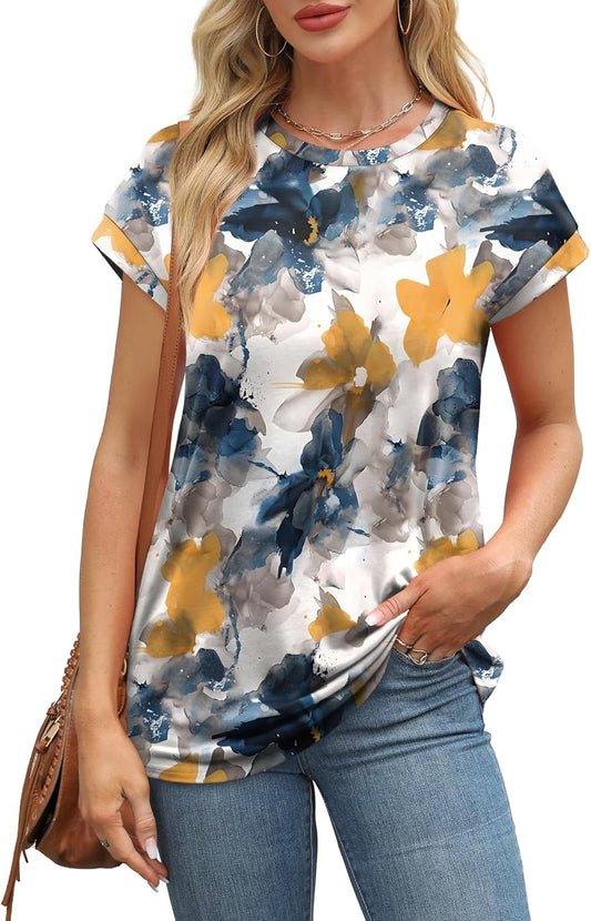 Womens Summer Tops Short Sleeve Shirts Crew Neck Cute Trendy Tunic Blouses (S-3XL)