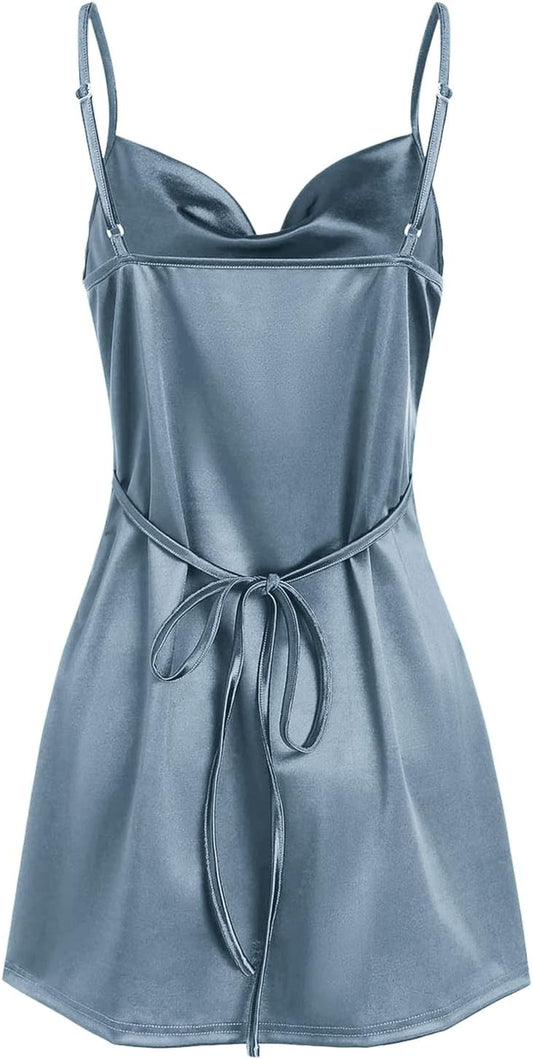 Women'S Satin Sleeveless Spaghetti Strap Mini Dress Sexy Slip Cowl Neck Silky Cocktail Party Dresses