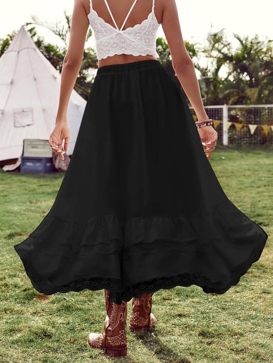 Women'S Western Boho Lace Ruffle Skirt Asymmetrical Country Cowgirl Skirts