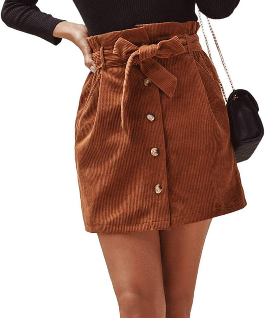 Women Paperbag High Waist Elastic Belted Corduroy Button Front with Pockets Short Mini Skirt