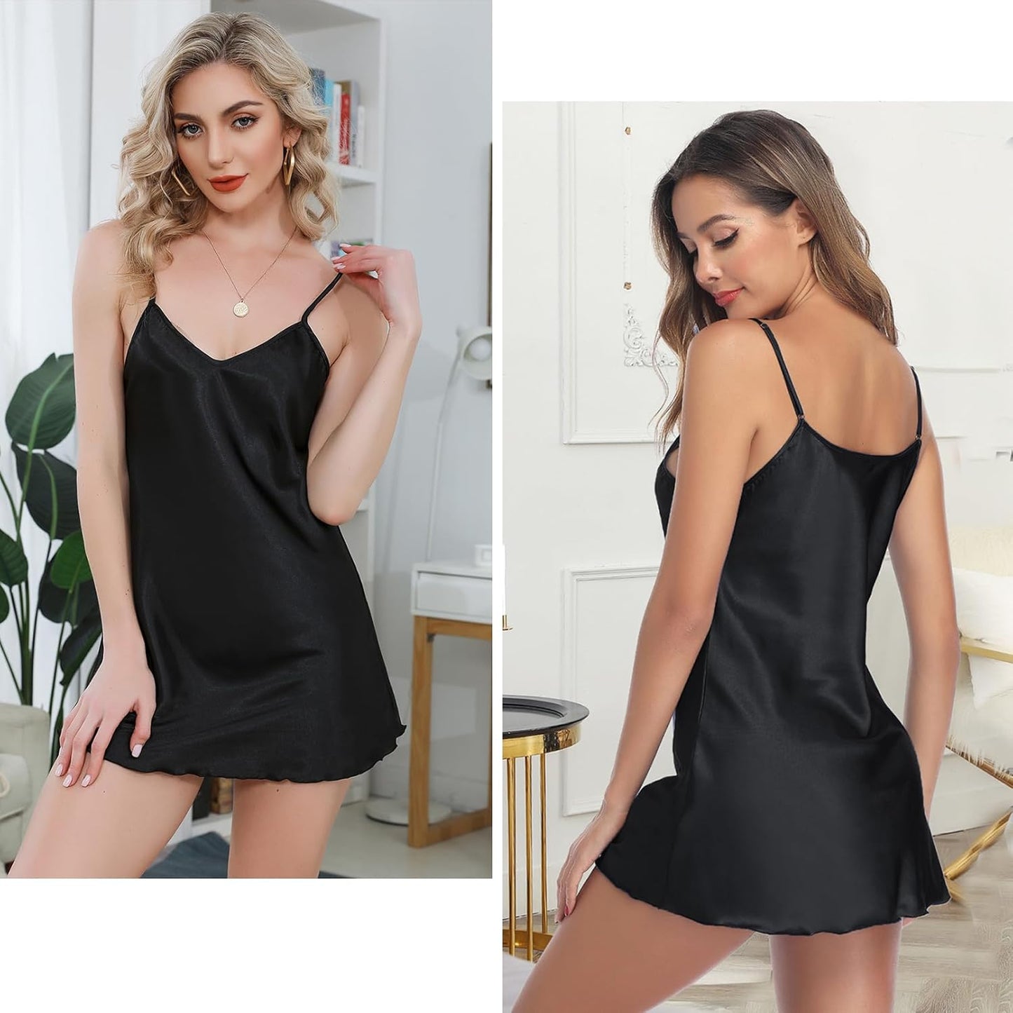 Women'S 3 Pack Satin Nightgown Silk Mini Slips Sexy V Neck Negligee Lingerie Dress Chemise Nightwear