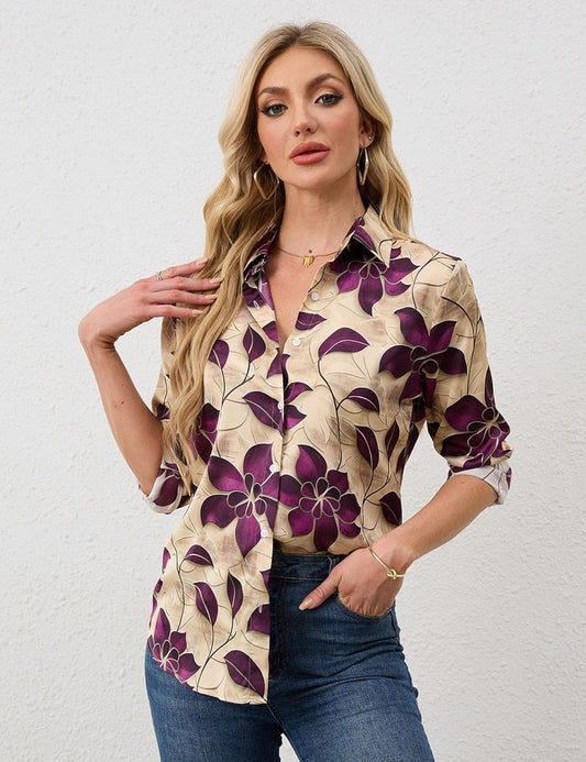 Wrinkle-Resistant Women Silky Button down Shirts 2025 Fashion Printed Long Sleeve Blouse Dressy Casual Tops