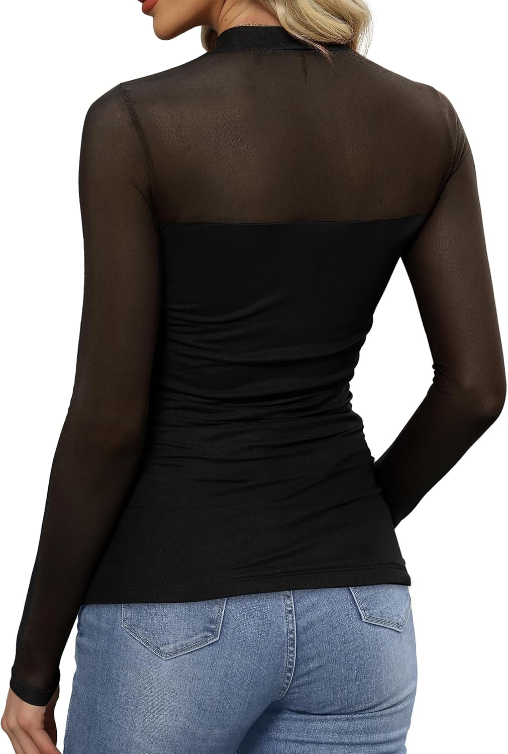 Womens Sexy Mesh Long Sleeve Shirts Fashion Clothing Turtle Necks Sheer Ruched Going Out Tops Fall Outfits Slim Fit Blouses