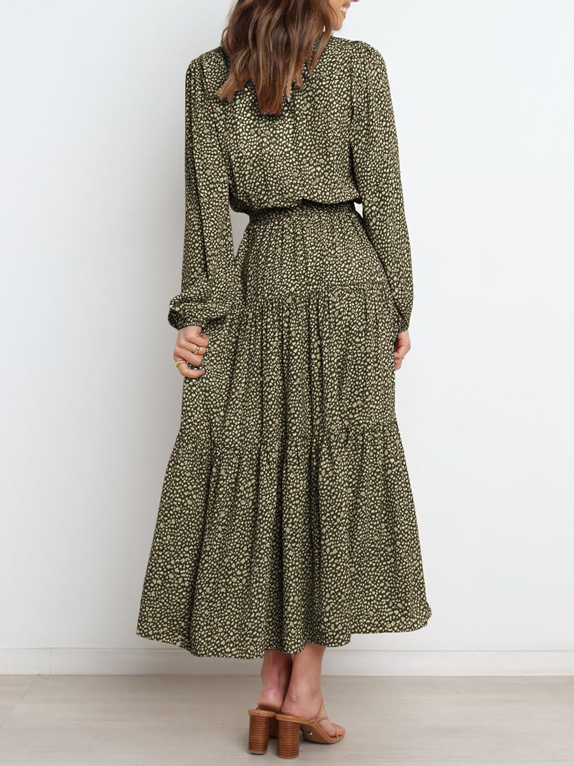 Womens Spring Long Sleeve Wrap V Neck Ruffle Floral Maxi Dress Casual Tie Waist Boho Chiffon Flowy Long Dresses