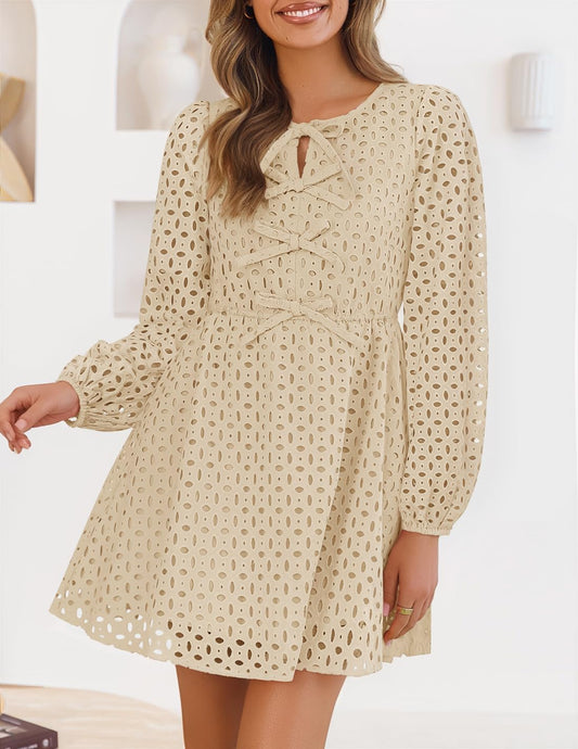 Women'S Long Sleeve Mini Dress 2025 Fall Crewneck Tie Front Hollow Out Eyelet Babydoll a Line Short Dresses