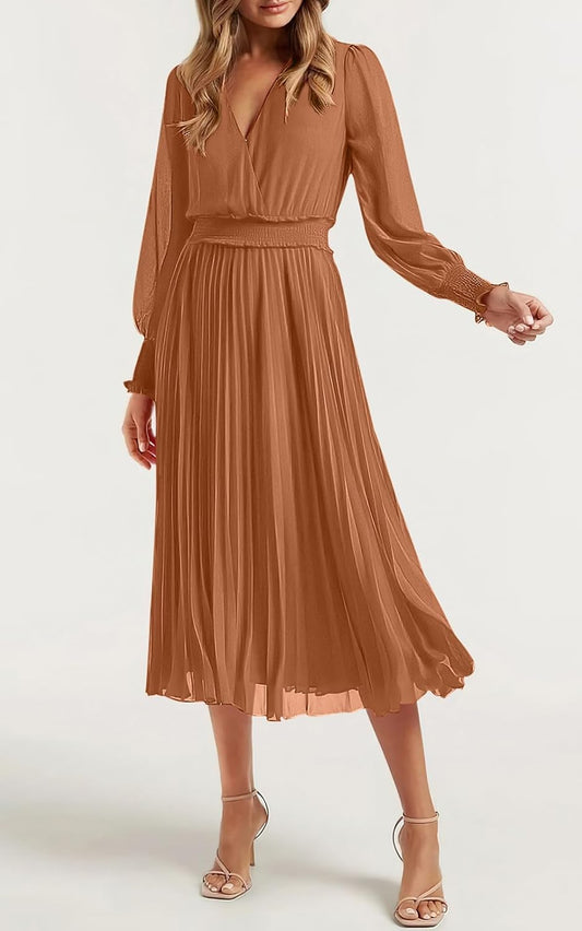 Womens Wrap V Neck Fall Dresses Wedding Guest Casual Pleated Long Sleeve Midi Dress Ruffle Smocked Long Dress
