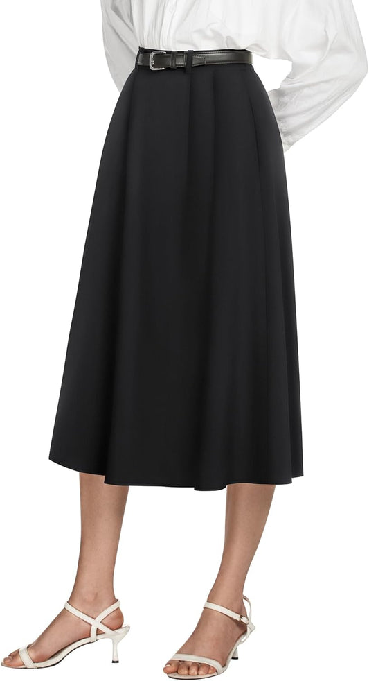 Women'S High Waisted Midi Skirts Business Casual Flare Dressy Work a Line Pleated Skirt with Pockets