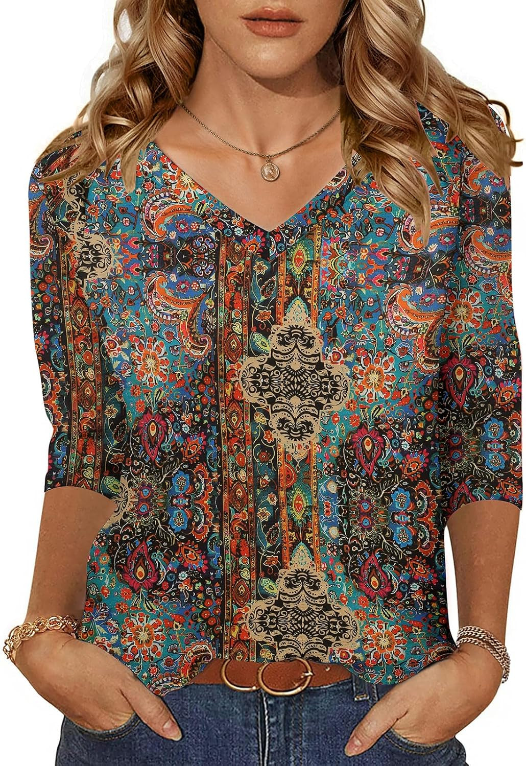 Womens 3/4 Length Sleeve Tunic Tops Casual V Neck Shirts Basic Tees Business Work Blouses Summer Fall 2025 Clothes