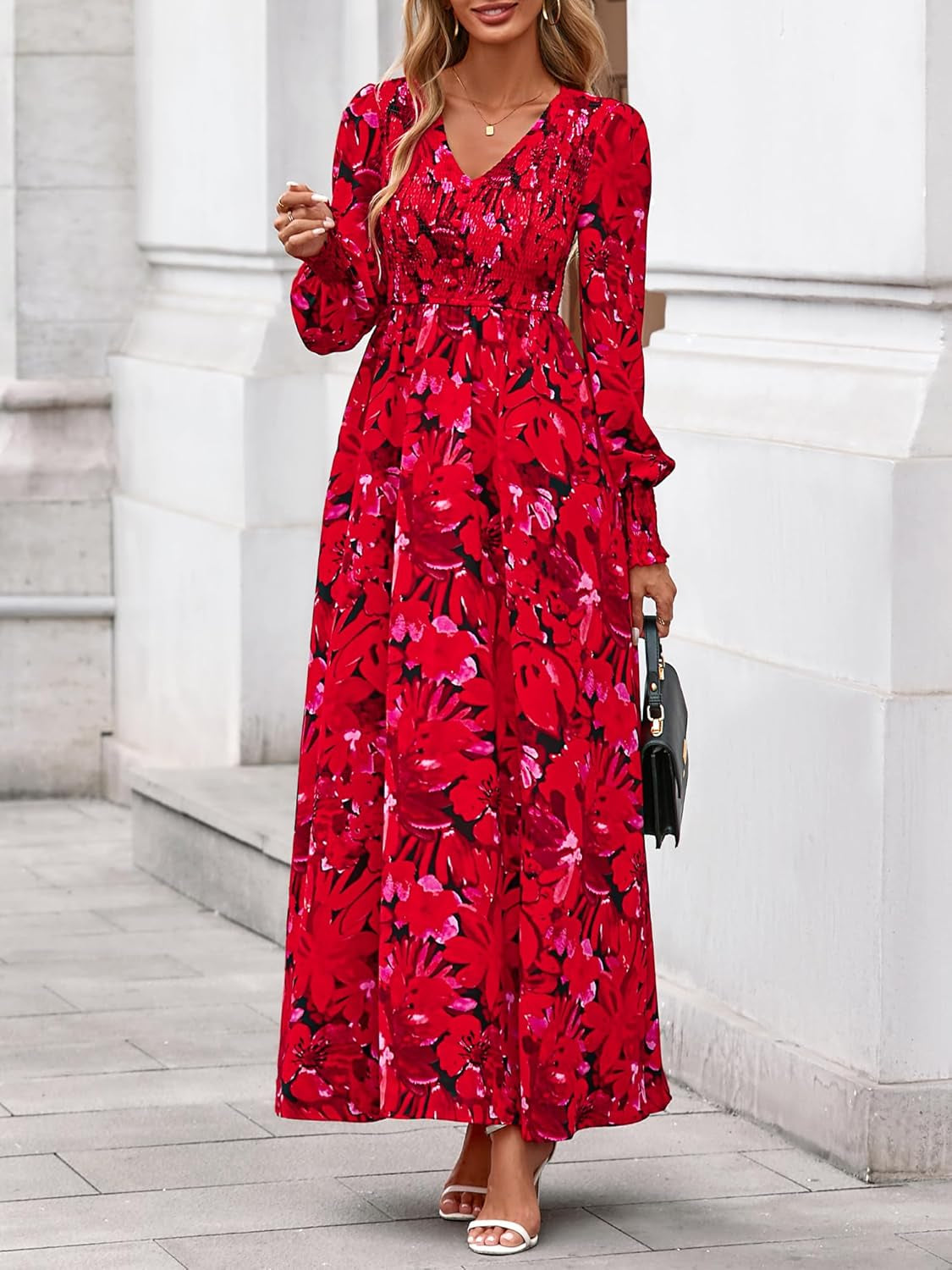 Women Fall Wedding Guest Maxi Dresses 2025 Floral V Neck Long Sleeve Boho Long Dress Vacation