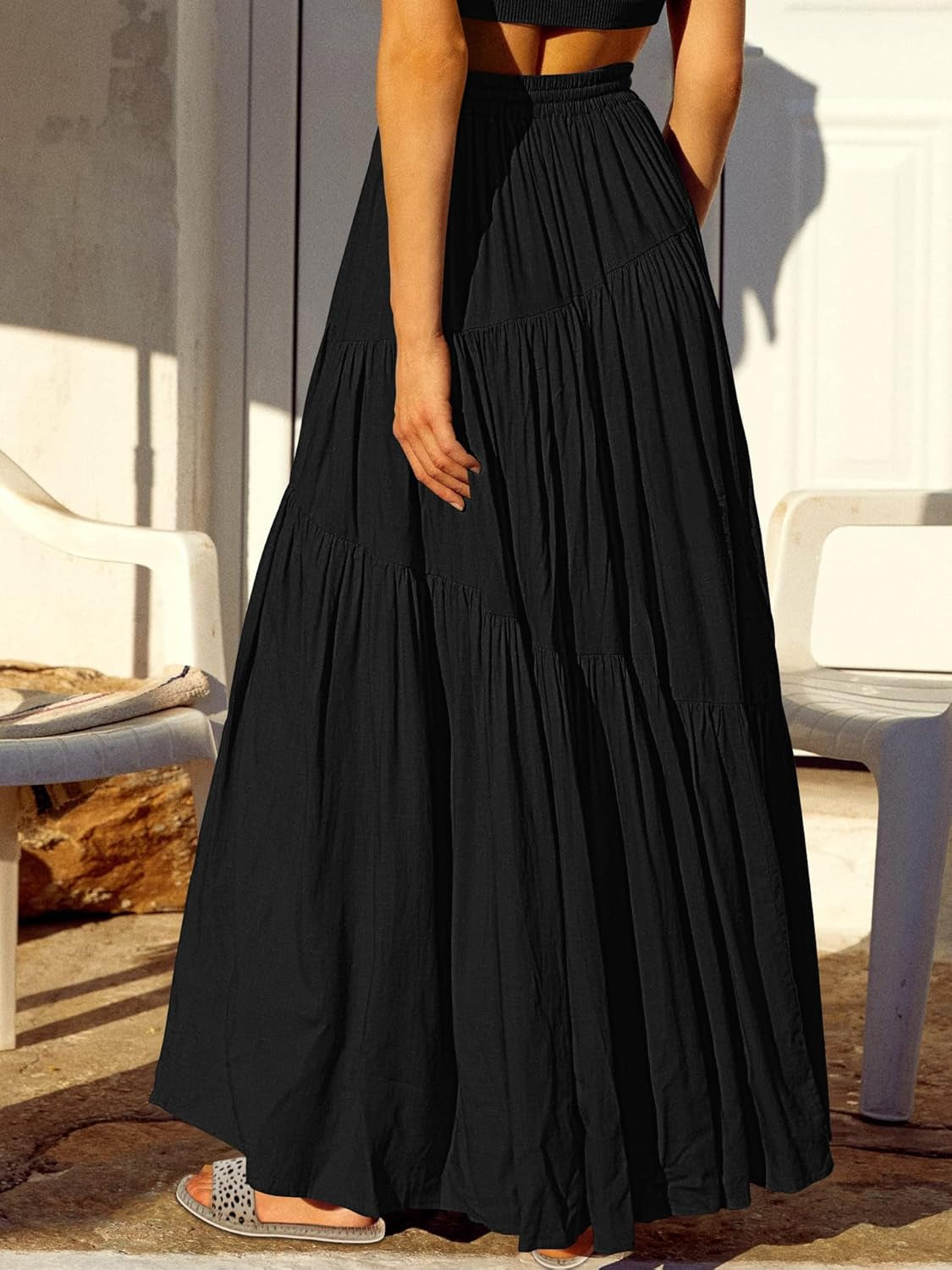 Women’S Boho Elastic High Waist Pleated A-Line Flowy Swing Asymmetric Tiered Maxi Long Skirt Dress with Pockets