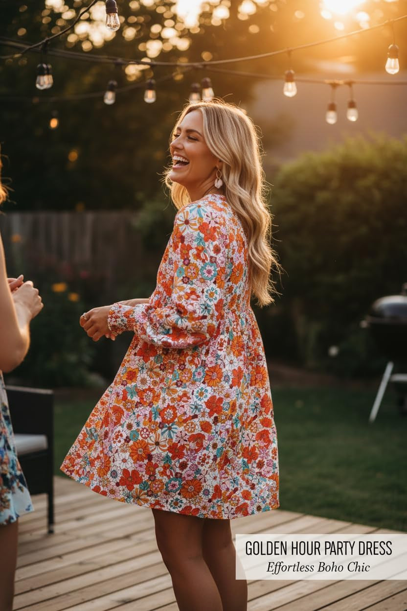 Fall Dresses for Women 2025 Floral Flowy Boho Dresses Long Sleeve Empire Waist Babydoll Mini Dress