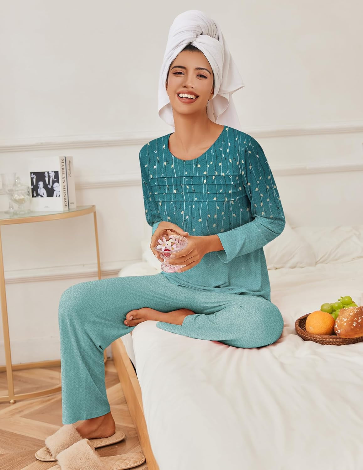 Womens Pajama Sets Pleated Tops with Long Pants Lounge Set Long Sleeve Fall Sleepwear Ladies Pjs S-XXL