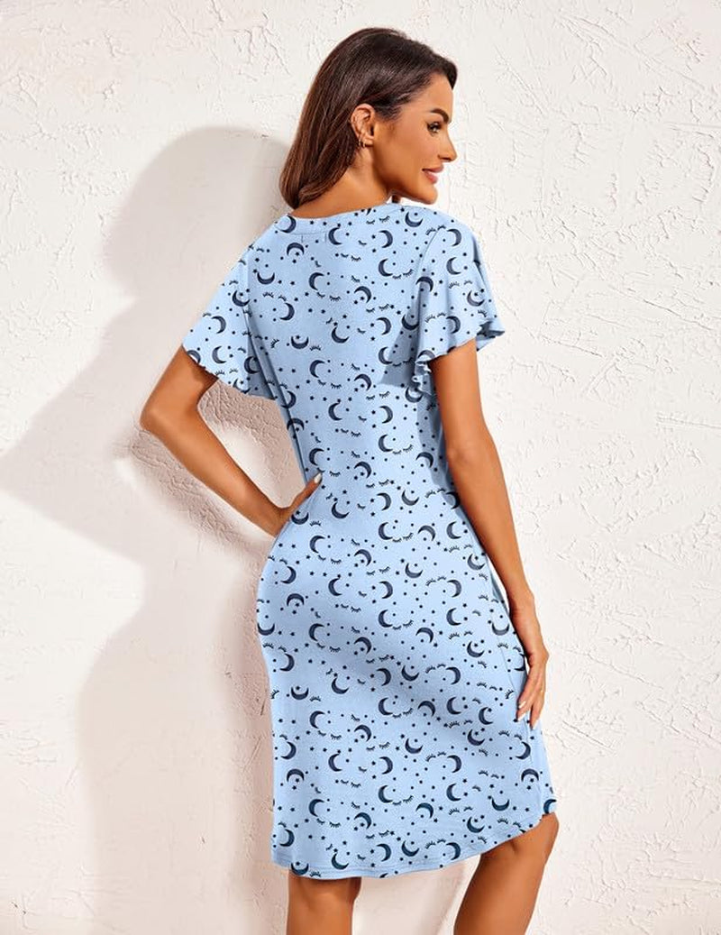 Women'S Nightgown Short Flare Sleeve Sleepshirt V-Neck Sleepwear Soft Nightshirt Pajama Dress S-XXL