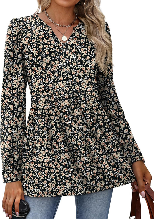 Womens Tops Long Sleeve Fall Shirts Babydoll Peplum Tops for Women V Neck Tunic Dressy Casual Blouses