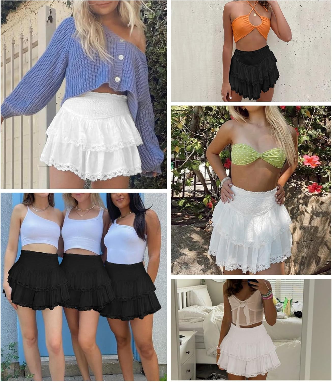 Women'S Cute High Waist Ruffle Mini Skirt Layered Ruffle Hem Flared Flowy Casual Swing Beach Mini Short Skirt