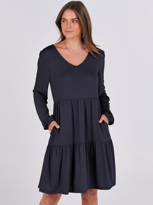 Womens Long Sleeve Dress 2025 Fall Casual V Neck Tiered Flowy Short Dresses Beach Travel Vacation Outfits
