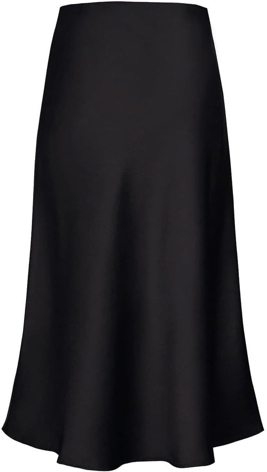 Women'S Satin High Waist Hidden Elasticized Waistband Flared Casual a Line Midi Skirt
