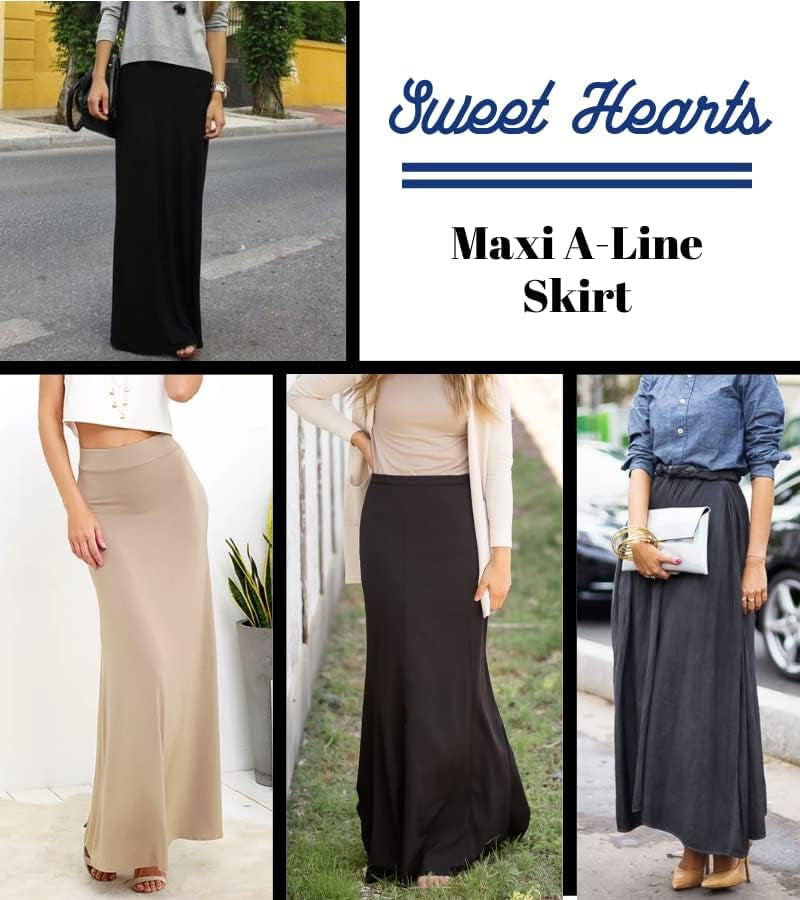 Maxi Skirt for Women- Comfy Foldover High Waist Long Flare A-Line Skirt Maxi Dress XS-3X Made in USA