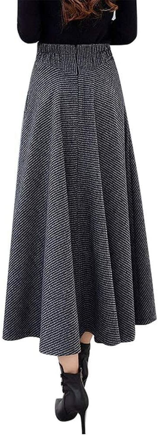 Women’S Fall Winter High Waisted Wool Plaid A-Line Long Skirt