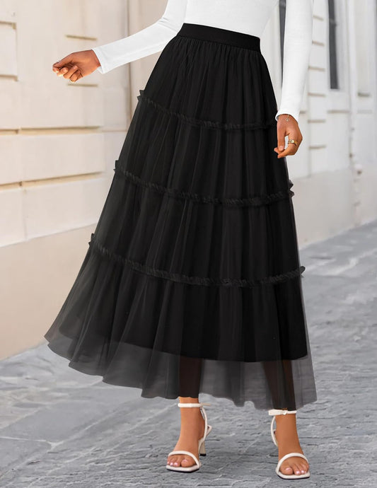 Women'S Tulle Maxi Skirt A-Line Flowy Ruffle Tiered Elastic High Waist 2025 Fall Fahion Midi Long Skirts