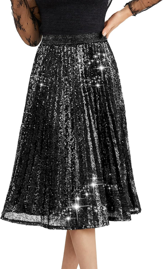 Sequin Skirt Elastic High Waisted A-Line Sparkle Pleated Skirts for Cocktail Party 2025