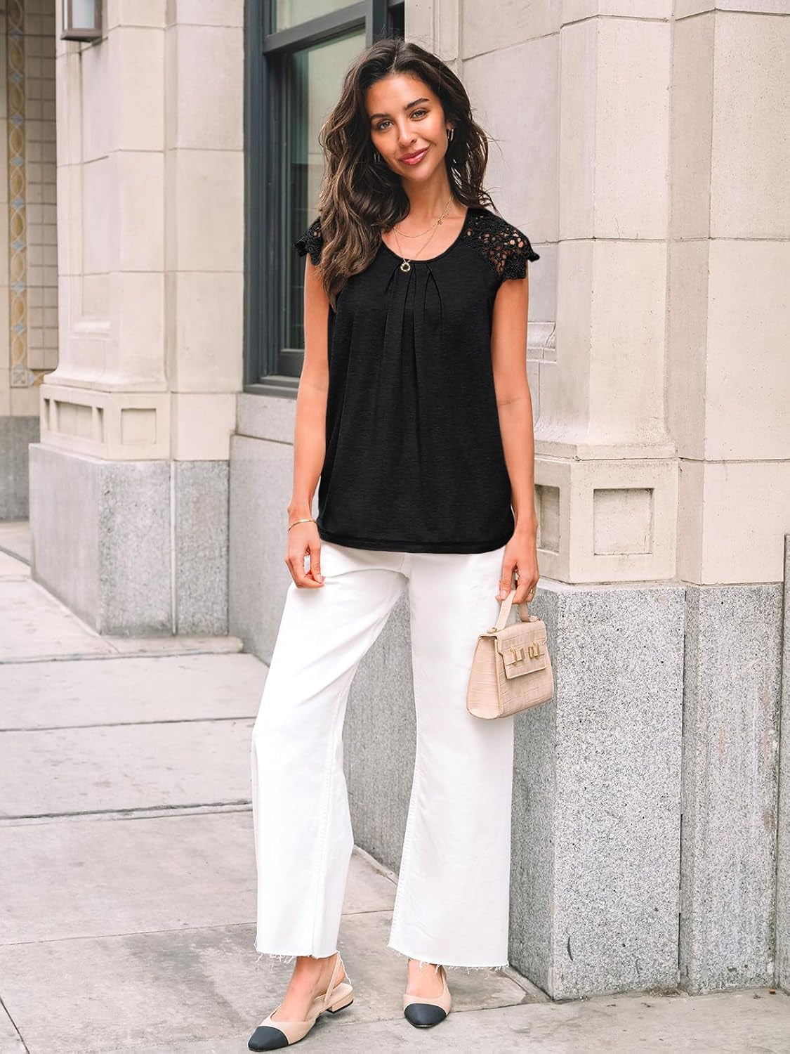 Womens Lace Tops Pleated Short Sleeve Shirts Summer Business Casual Dressy Blouses