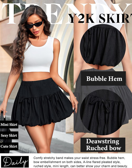 Mini Skirt for Women Bubble Puffy Hem Y2K Elastic Waist a Line Basic Casual Skirts S-XXL