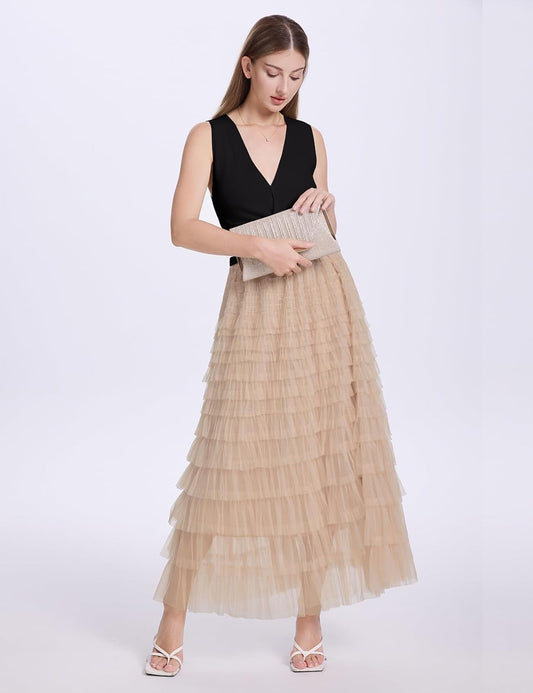 Tulle Maxi Skirts for Women, High Waist A-Line Flowy Elegant Party Wedding Guest Casual Skirt