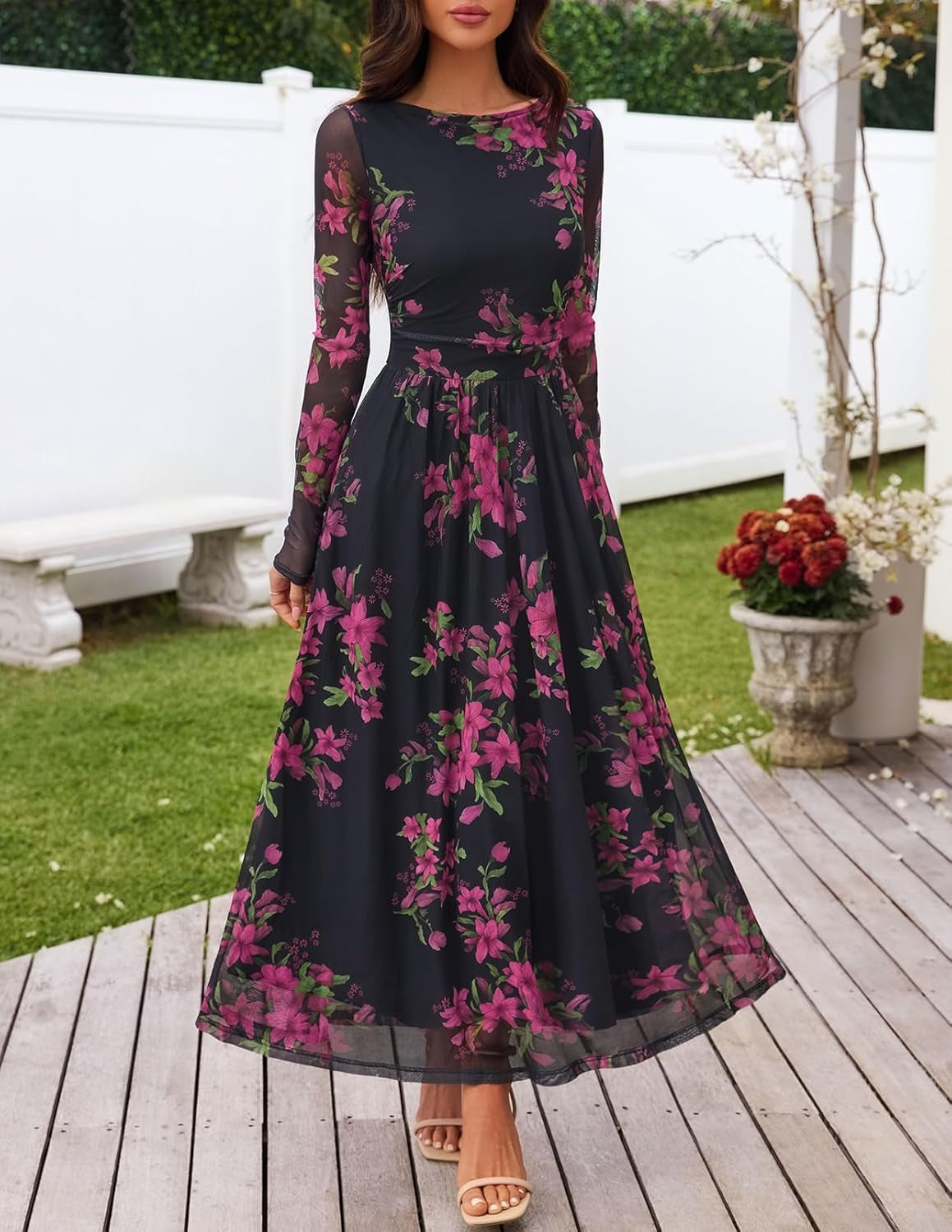 Women'S Long Sleeve Fall Wedding Guest Dress 2025 Crewneck Floral Flowy Mesh Cocktail Maxi Dresses