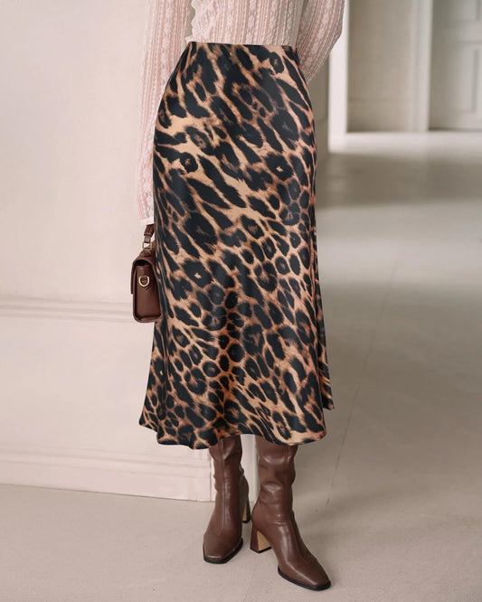 Women'S Silk Satin Midi Skirt Elastic High Waisted A-Line Cheetah Print Leopard Long Skirts for Women Trendy