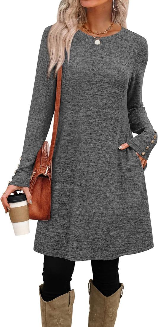 Long Sleeve Dress for Women Crew Neck Tunic Dress with Pockets Decorative Buttons