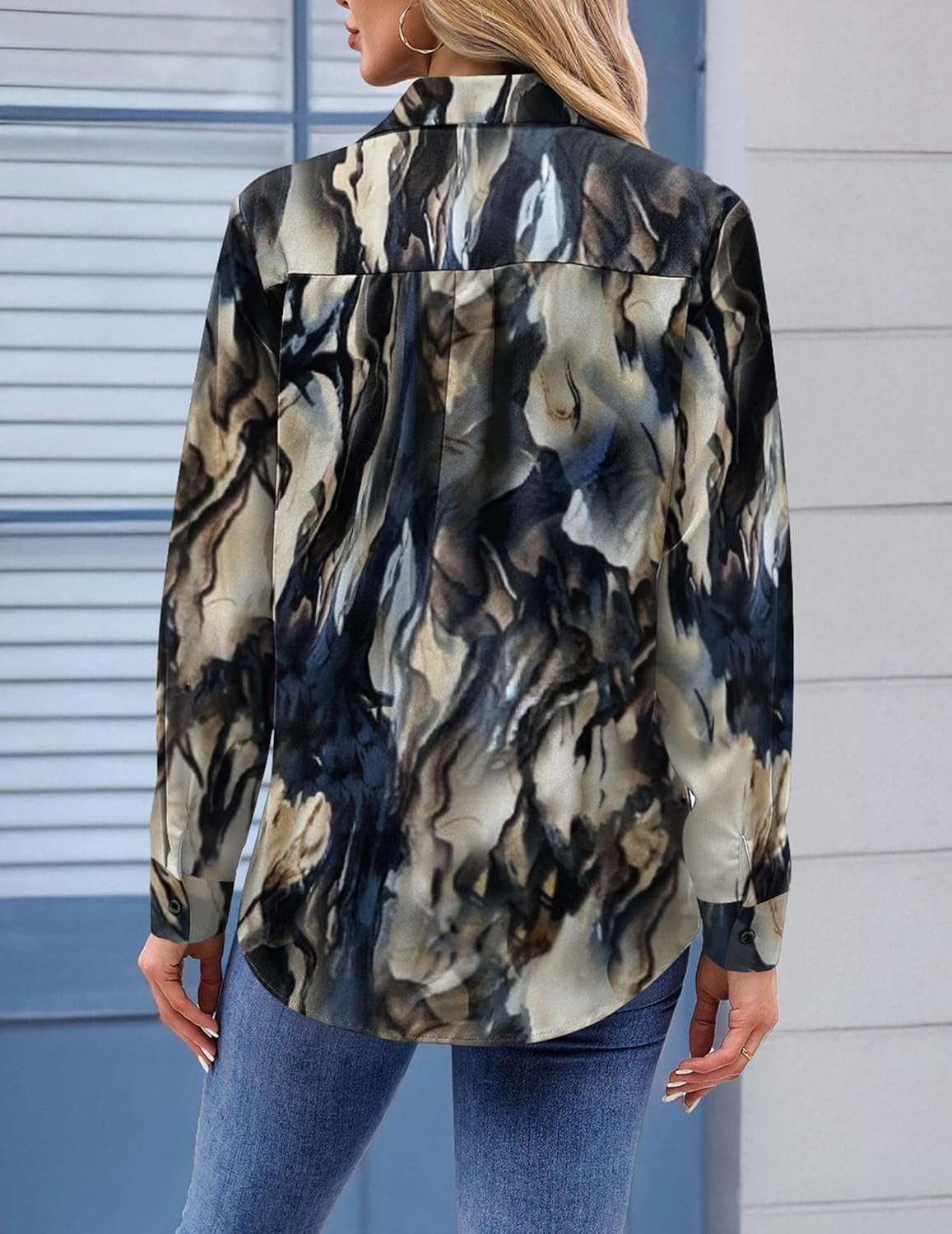 Womens Button down Shirt Long Sleeve Blouse Business Work Tops Dressy Casual Floral Printed Outfits with Pocket