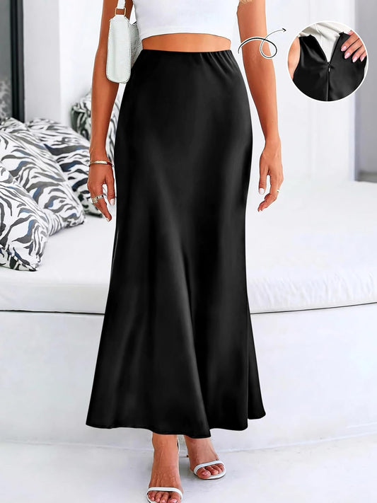 Women'S Satin Maxi Skirts Dressy Casual Zipped High Waisted Flowy Silk 2025 Fall Elegant Business Party Long Skirt