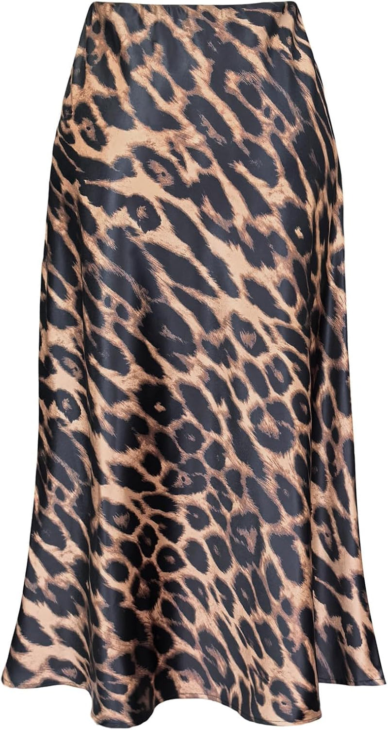 Women'S Side Slit a Line Satin Midi Skirt Elastic High Waisted Cheetah Leopard Print Silk Long Skirts for Women