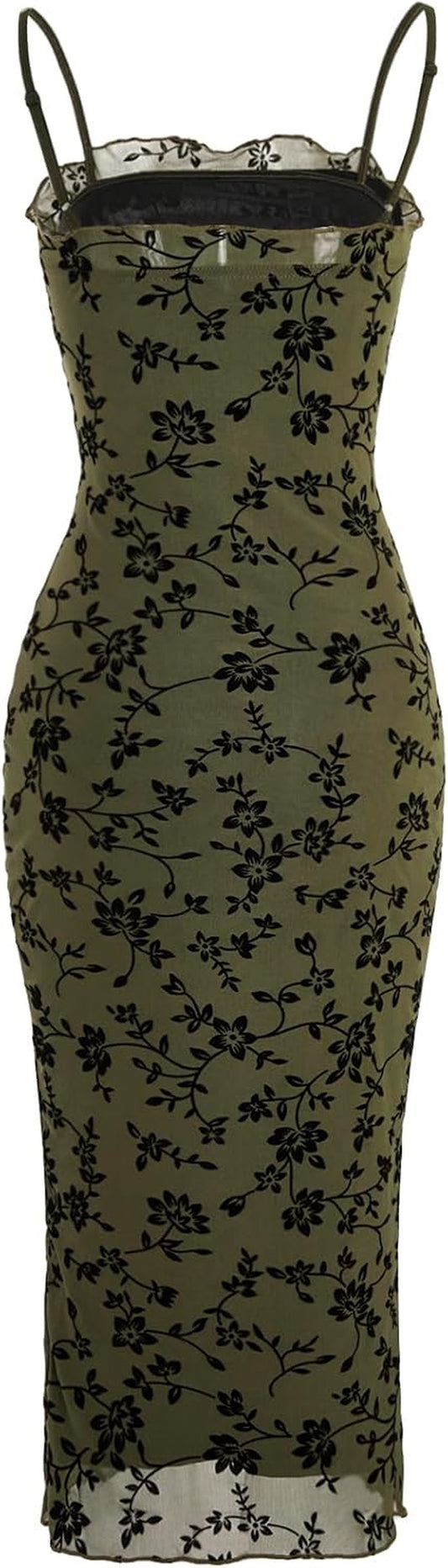 Women'S Floral Print Mesh Lettuce Trim Sleeveless Bodycon Long Cami Dress