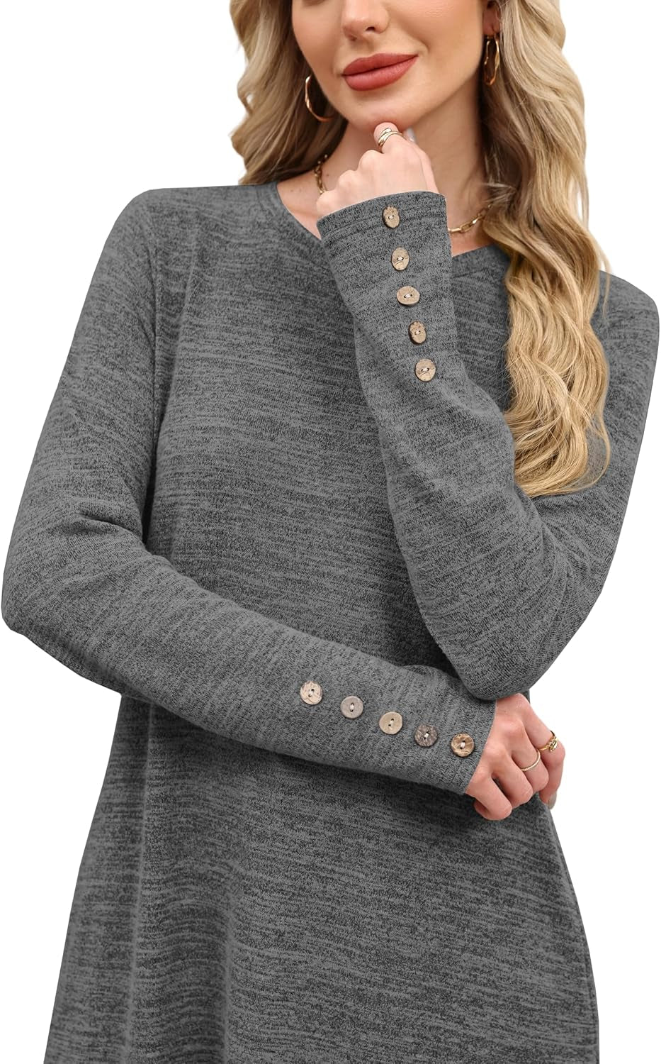 Long Sleeve Dress for Women Crew Neck Tunic Dress with Pockets Decorative Buttons