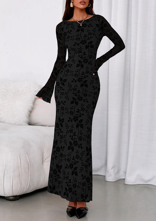 Women'S Floral Bodycon Maxi Dress 2025 Fall Elegant Mesh Long Sleeve Formal Wedding Guest Cocktail Dresses