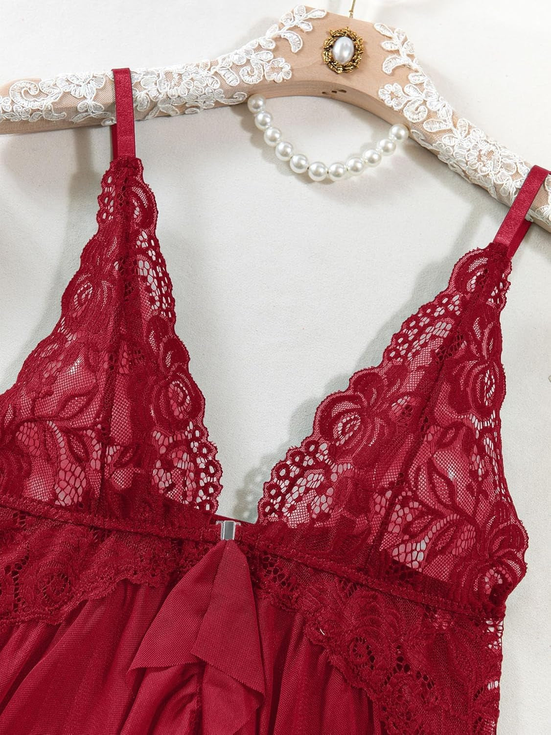 Sexy Open Front V Neck Ruffle Sheer Mesh Lace Wireless Babydoll Lingerie Dress with Thong 2 Piece