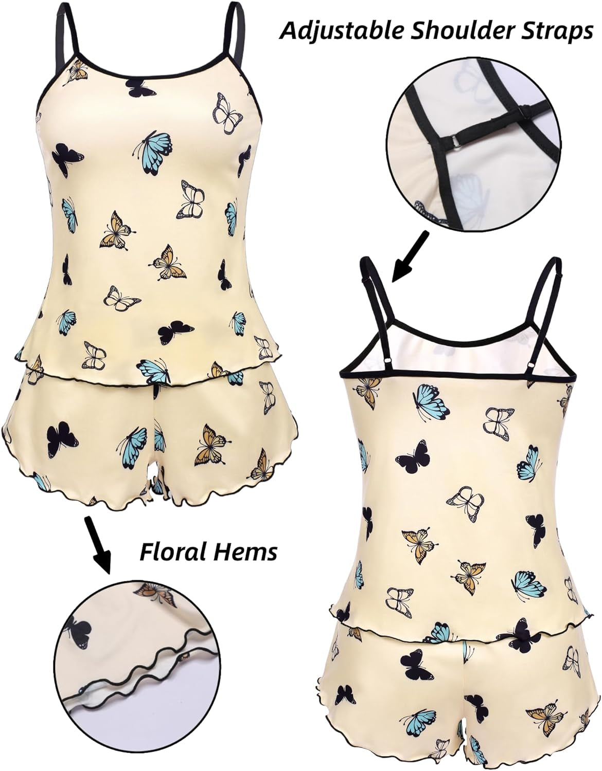 Womens Cami Pajama Sets 2 Piece Cute Print Pjs Soft Tank Top & Elastic Waist Shorts Camisole Lounge Set