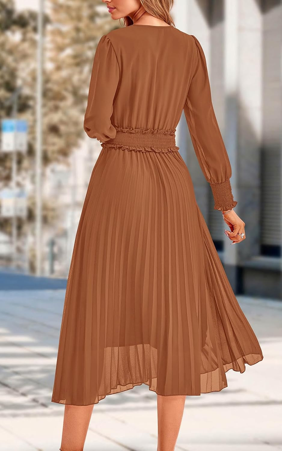 Womens Wrap V Neck Fall Dresses Wedding Guest Casual Pleated Long Sleeve Midi Dress Ruffle Smocked Long Dress