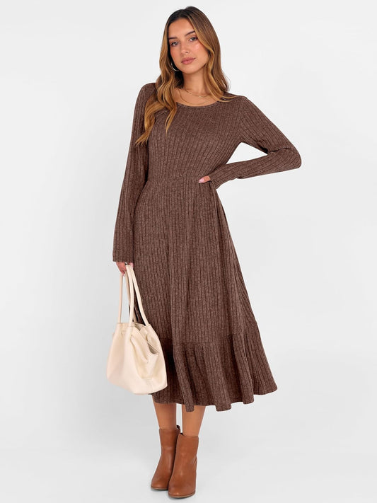 Womens Long Sleeve Midi Dress 2025 Fall Rib Knit Crew Neck a Line Soft Flowy Swing Dresses with Pocket Casual Trendy