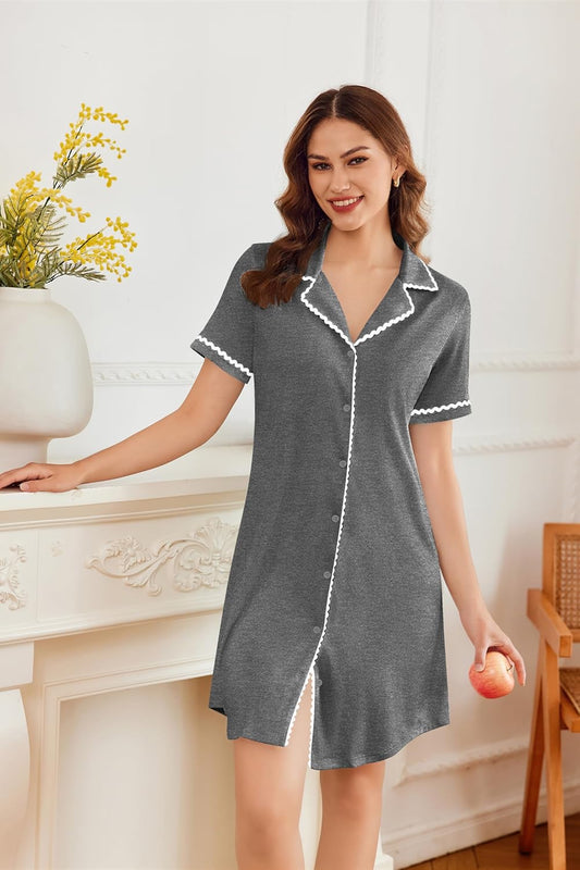 Nightgowns for Women Button down Sleepshirt Short Sleeve Night Gowns Boyfriend Nightshirt Soft Sleepwear S-XXXL