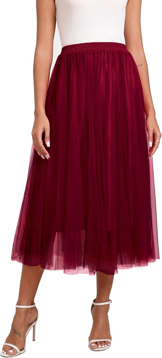 Women'S Winter Skirts 2 Layered Tulle Tiered Long Skirts Elastic Waist A-Line Midi Skirts